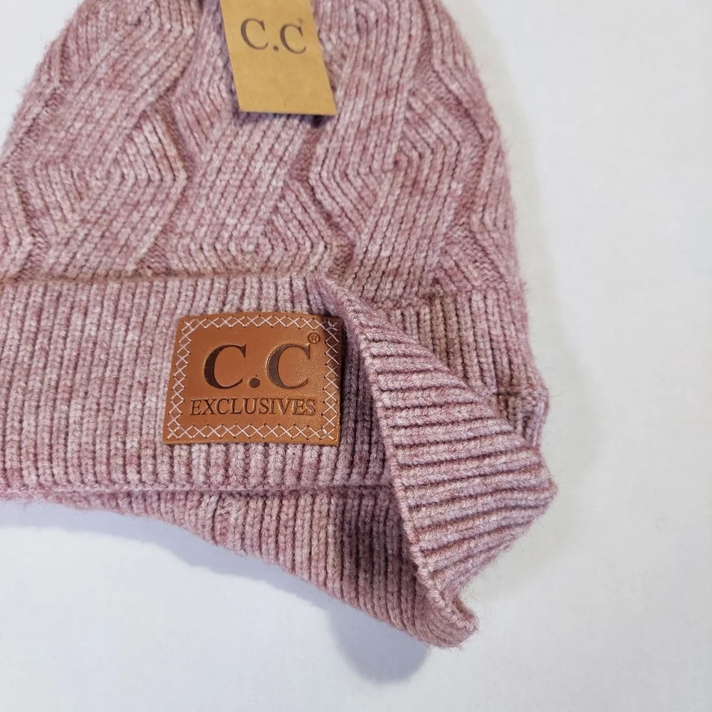 Braided Winter Hat Womens Mauve Knit Beanie Stretch Faux Fur Pom